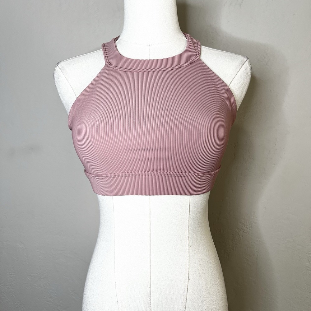 Onzie Ribbed High Neck Crop Top Antique‎ Rose Pink Sports Bra Size M/L